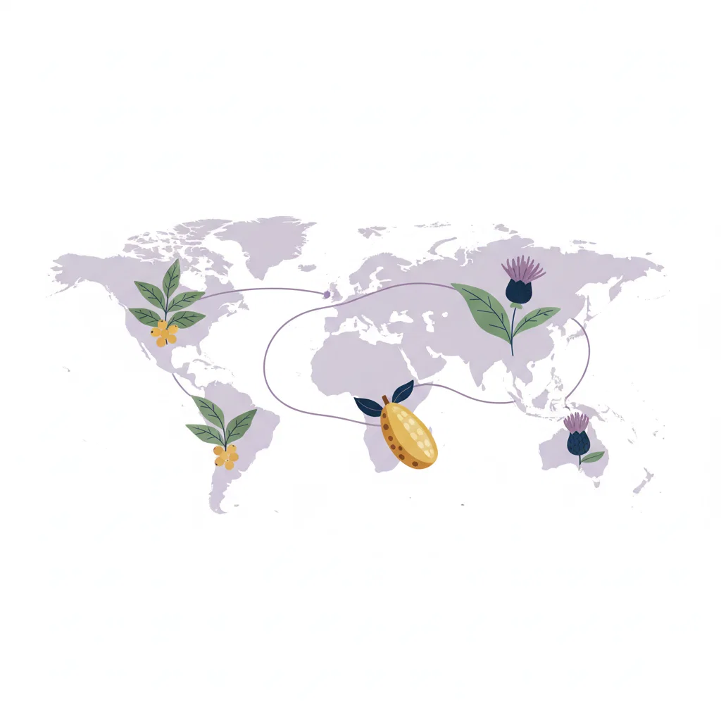 Illustrated world map showing botanical ingredient origins: green coffee (South America), green tea (Asia), baobab (Africa), thistle (Europe)